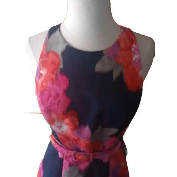 Eliza J Floral Mini Halter Dress Sz 6 Navy Pink Belted Fit In Flare Pockets - Picture 4 of 14